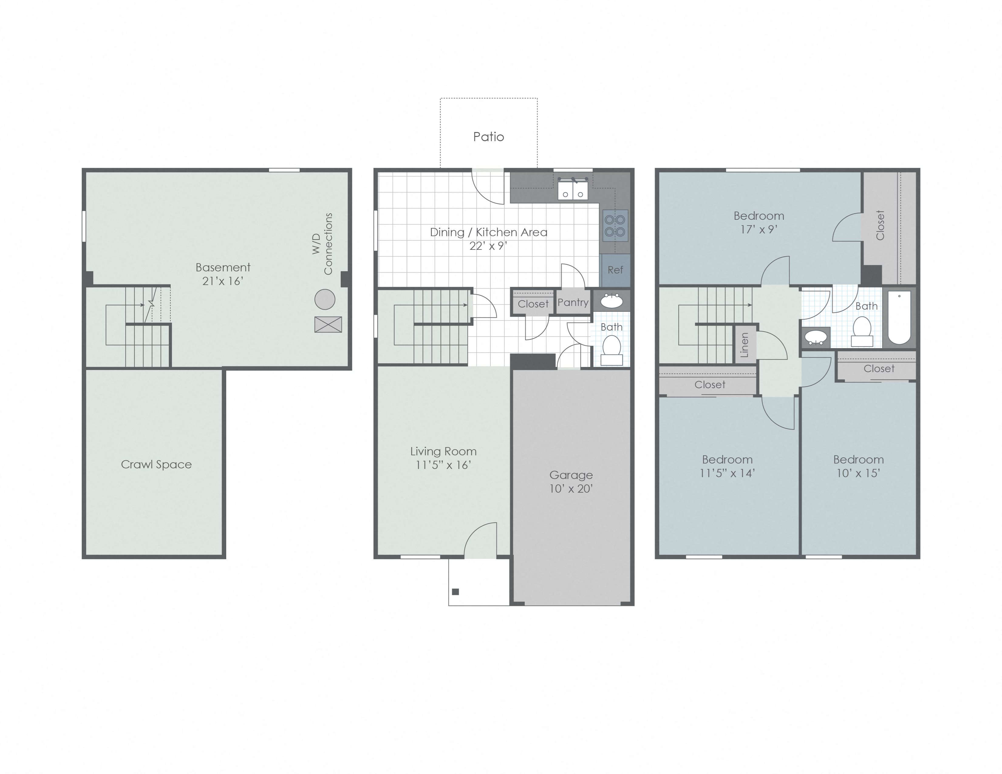 Three bedroom townhome floor plan layout